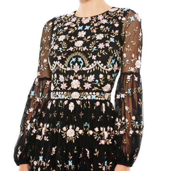 NWT MAC DUGGAL 35111 Embroidered Blouson Long Sleeve Gown Black Floral‎ 16 - Picture 5 of 11